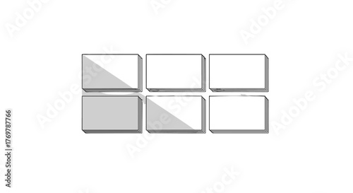 A visually striking composition featuring six stacked rectangular elements, presented against a stark black background. The arrangement includes three elements in the top row and three in the bottom