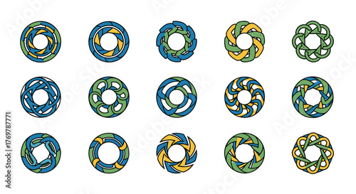 Collection of fifteen circular abstract geometric patterns and Celtic knot designs in blue, green, and yellow, presented on a black background, showcasing intricate symmetry and interwoven elements