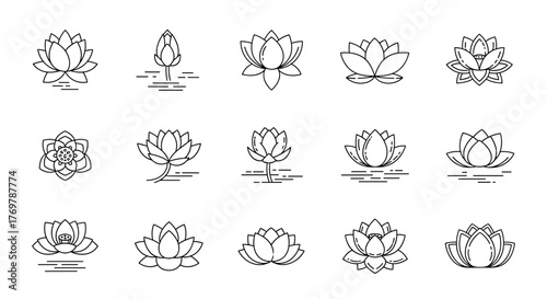 Collection of 15 stylized white line art lotus flower icons and symbols on a black background, representing purity, enlightenment, and rebirth, perfect for yoga, meditation, and spa branding.