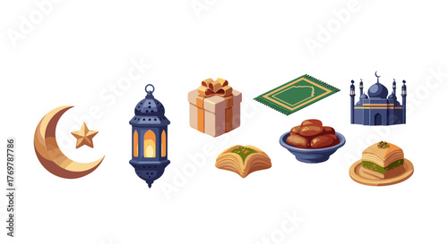 A vibrant collection of Islamic cultural icons, including a golden crescent moon and star, a decorative lantern, a gift box, a prayer mat, a bowl of dates, baklava pastries, and a blue mosque