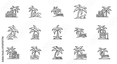 Collection of stylized line art icons featuring palm trees and hotel buildings, representing tropical destinations, vacation resorts, and seaside accommodations, perfect for travel and hospitality