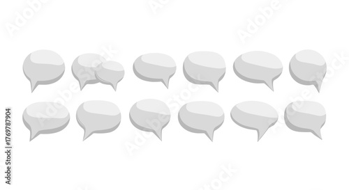 A collection of twelve 3D rendered white speech bubbles and thought bubbles in various sizes and shapes, isolated on a black background, perfect for representing communication, ideas, and dialogue in