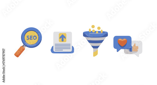 Set of four 3D icons representing digital marketing concepts: SEO magnifying glass, document upload, sales funnel with coins, and social media engagement with likes and hearts, isolated on a black