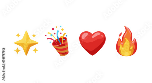 A vibrant collection of popular emojis, including a sparkling star, a festive party popper exploding with confetti, a bold red heart, and a fiery flame, all set against a stark black background