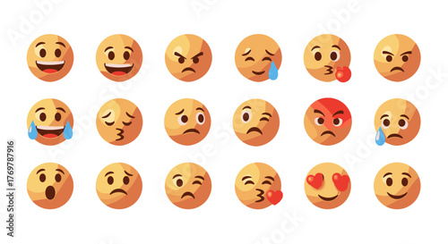 A vibrant collection of 3D rendered emojis showcasing a wide spectrum of human emotions, from joy and laughter to anger and sadness, presented against a stark black background for maximum visual