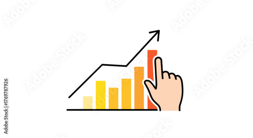 A vibrant, upward-trending bar graph with a rising arrow and a hand cursor pointing to the highest bar, symbolizing growth, success, and positive financial performance in business and technology