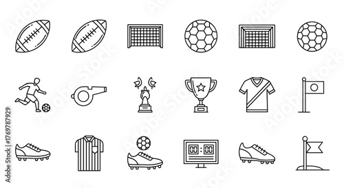 A collection of white outline icons representing various sports equipment and symbols, including American footballs, soccer balls, goals, player silhouettes, whistles, trophies, jerseys, cleats