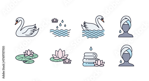 Collection of flat design icons representing spa and wellness themes, featuring elegant swans gliding on water, serene lotus flowers blooming on lily pads, and a person with a towel-wrapped head and