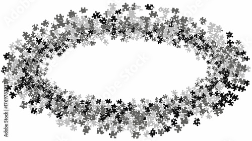 Oval frame of scattered gray and black puzzle pieces on a white background