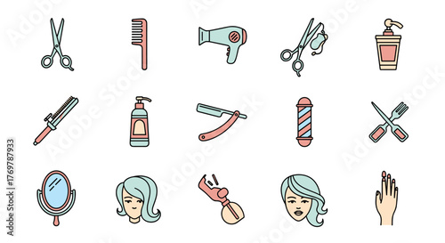 A collection of flat design icons representing various hairdressing and beauty salon tools and elements, including scissors, combs, hairdryers, razors, barber poles, mirrors, and stylized female