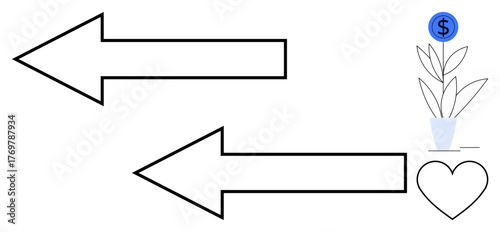Two opposing arrows point at a plant with a dollar coin, symbolizing financial growth, and a heart, representing emotional value. Ideal for concepts thumbs up balance, investment, decision-making