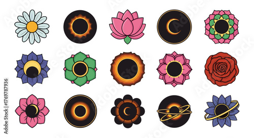 Collection of stylized celestial and floral icons, featuring solar eclipses, crescent moons, lotus flowers, roses, and abstract cosmic designs, set against a black background, perfect for astrology