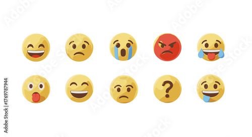 Collection of diverse 3D rendered emojis expressing a wide range of emotions and reactions, including happiness, sadness, anger, confusion, and playfulness, set against a stark black background for