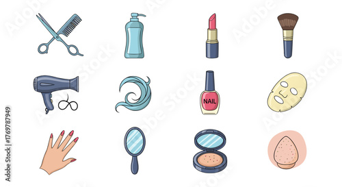 A vibrant collection of beauty and personal care icons, including scissors, comb, hair dryer, lotion bottle, lipstick, makeup brush, nail polish, face mask, hand with manicured nails, mirror, powder