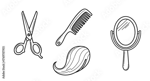 A minimalist line art illustration featuring a pair of scissors, a comb, and a hand mirror, symbolizing beauty, grooming, and personal care. This clean and simple graphic is perfect for design