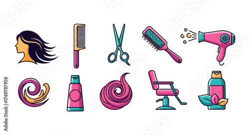 A vibrant collection of stylized icons representing hair salon essentials, including a silhouette of a woman's head with flowing hair, combs, scissors, a hairbrush, a hairdryer, styling swirls