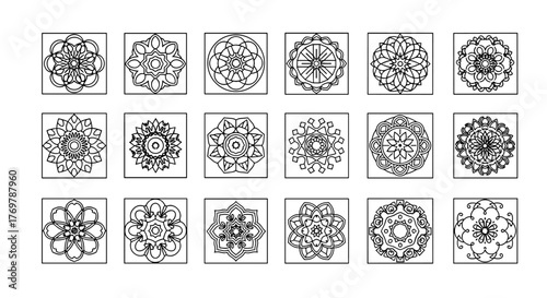 A collection of eighteen intricate white mandala designs, presented in a grid format against a stark black background, showcasing diverse symmetrical patterns and ornamental details, perfect for