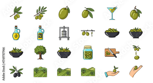 Collection of flat design icons representing olives and olive oil production, including olive branches, bottles of oil, olives in bowls, a tree, a press, a jar, a cutting board with olives and knife