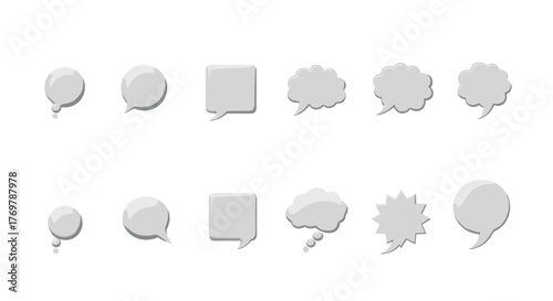 A collection of twelve 3D rendered white speech bubbles and thought bubbles in various shapes and sizes, isolated on a black background, perfect for representing communication, ideas, and dialogue in