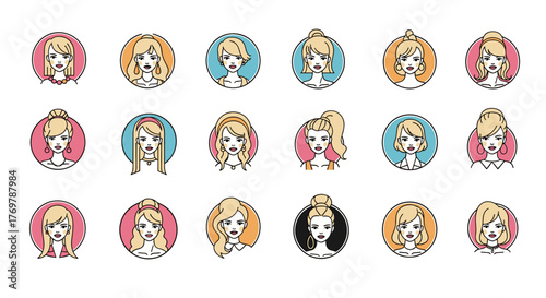 Set of 15 diverse female avatars with blonde hair and various hairstyles, presented in circular frames with colorful backgrounds, ideal for user profiles, social media, and digital identity