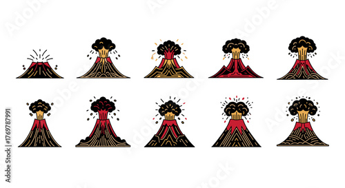 Set of ten stylized illustrations of erupting volcanoes in a linear, flat design style, showcasing various stages and intensities of volcanic activity with red, yellow, and black color palette