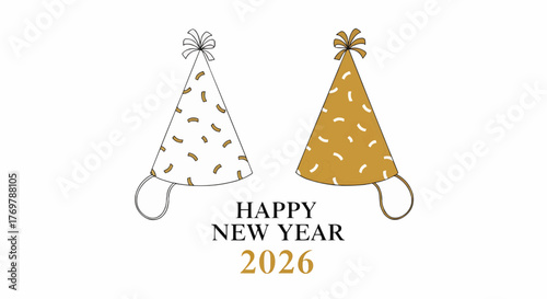 Two party hats, one white and one gold, with confetti and happy new year 2026 text below them