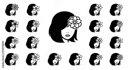 A repeating pattern of stylized female faces adorned with intricate floral hair accessories, presented in a minimalist white outline on a stark black background, evoking a sense of modern elegance