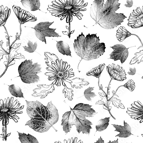 Seamless Pattern with Chrysanthemum and Leaves