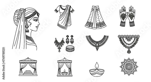Collection of Indian wedding elements including a bride's profile adorned with jewelry, traditional attire like a sari and lehenga, intricate necklaces, earrings, bangles, henna-decorated hands, a