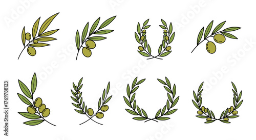 Collection of stylized olive branches and wreaths with green olives and leaves, presented on a black background, perfect for graphic design elements, emblems, and decorative accents, symbolizing
