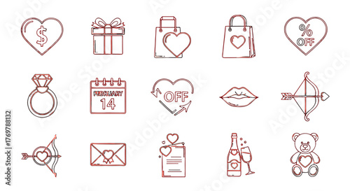 Collection of red neon-style icons representing Valentine's Day and love, including a heart with a dollar sign, gift box, shopping bags, percentage off symbol, diamond ring, calendar, lips, cupid's