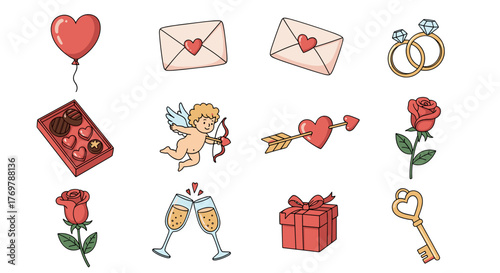 A charming collection of Valentine's Day icons, featuring a red heart balloon, a box of chocolates, love letters, cupid with a bow and arrow, engagement rings, red roses, champagne glasses, a gift