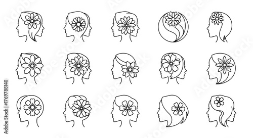 Collection of fifteen minimalist white line art illustrations of female profiles with flowers in their hair, set against a black background, representing beauty, nature, and femininity in a clean and