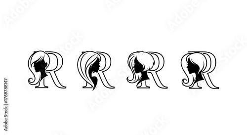 A striking black and white line art illustration featuring four distinct profiles of a woman's face, each rendered with elegant, flowing curves and subtle shading, evoking a sense of mystery and