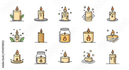 Collection of stylized flat icon illustrations of various candles, including pillar candles, jar candles, and tea lights, each with a gently flickering flame, set against a black background