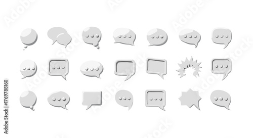 A collection of 3D rendered speech bubbles and chat icons in various shapes and styles, isolated on a black background, perfect for representing communication, dialogue, and online messaging in