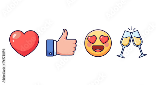 A vibrant collection of popular social media reaction icons, featuring a bright red heart, a classic thumbs-up gesture, a joyful emoji with heart-shaped eyes, and two clinking champagne glasses, all