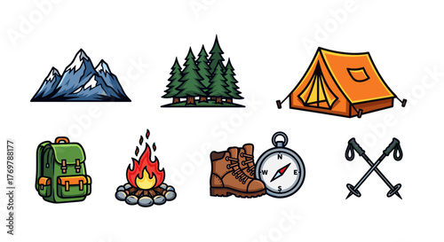 Vibrant collection of outdoor adventure and camping icons, including majestic mountains, a dense forest, a cozy tent, a sturdy backpack, a crackling campfire, hiking boots, a navigational compass
