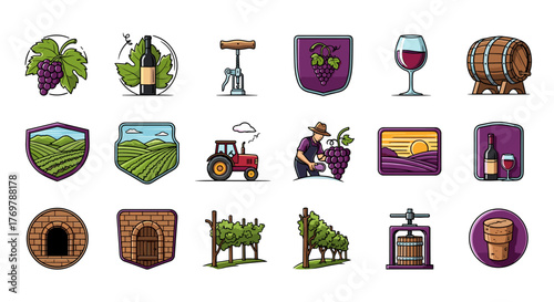 A vibrant collection of wine-themed icons, showcasing the entire winemaking process from vineyard cultivation with tractors and farmers harvesting grapes to wine production with barrels, wine