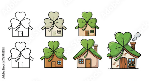 Charming collection of St. Patrick's Day themed houses, featuring whimsical shamrock roofs and cozy architectural details, perfect for festive designs and Irish holiday celebrations, presented in a