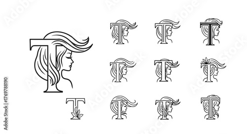 Elegant Monoline Letter T Logo Design Featuring a Stylized Female Profile with Flowing Hair, Symbolizing Beauty, Femininity, and Sophistication, Perfect for Branding and Identity in Fashion