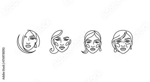A striking and artistic representation of four distinct human faces, rendered in a bold, graphic sketch style with visible line work, evoking a sense of diverse emotions and perspectives, perfect for