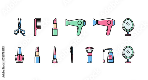 A vibrant collection of flat design icons representing beauty and personal care essentials, including scissors, combs, lipsticks, hairdryers, makeup brushes, nail polish, and mirrors, all set against