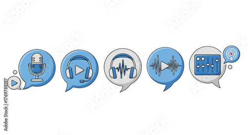 Collection of podcasting and audio recording icons presented in speech bubbles, featuring a microphone, headphones with a mic, waveform, play button, audio mixer, and a podcast logo, symbolizing