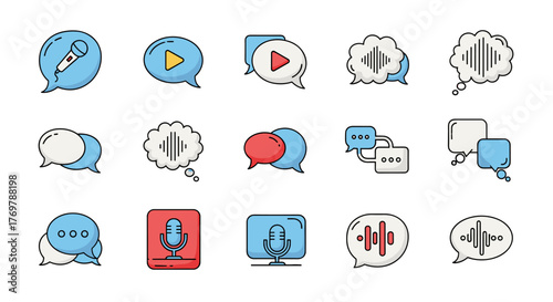 Collection of flat design icons representing communication, audio, and media, including microphones, play buttons, speech bubbles, and sound waves, perfect for digital interfaces, apps, and websites