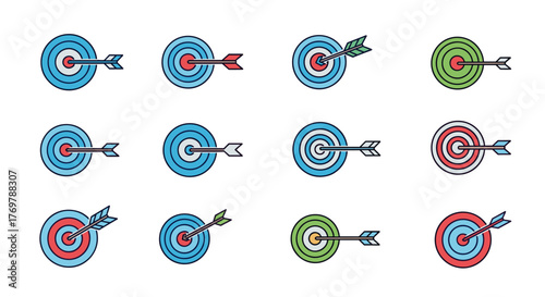 Set of twelve flat design target icons with arrows hitting the bullseye, representing business goals, strategy, and success, isolated on a black background, in various color schemes including blue