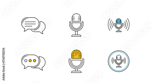 Set of six vector icons representing communication and audio recording, including speech bubbles with text lines and dots, and various microphone designs with sound waves and a circular outline