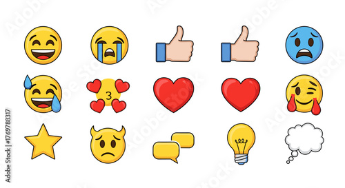 Collection of popular social media emojis and icons, including laughing faces, crying faces, thumbs up, hearts, a star, a devil face, chat bubbles, a lightbulb, and a thought bubble, all on a black