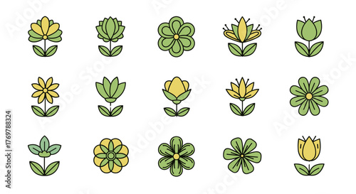 Collection of 15 stylized flat design flower icons in yellow and green, isolated on a black background, representing various floral species with simple outlines and vibrant colors, perfect for