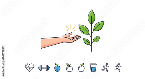 Nurturing growth and healthy lifestyle concepts with a hand reaching towards a vibrant green plant, accompanied by icons representing fitness, healthy eating, hydration, and exercise, symbolizing a
